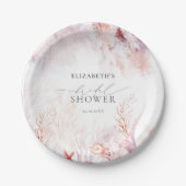 ダスティーブルーとフラッシュピンクの花を飾ったブライダルシャワー ペーパープレート (正面)