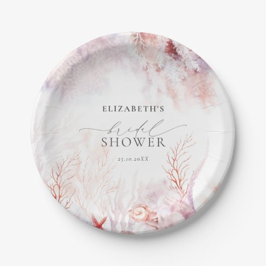 ダスティーブルーとフラッシュピンクの花を飾ったブライダルシャワー ペーパープレート (正面)