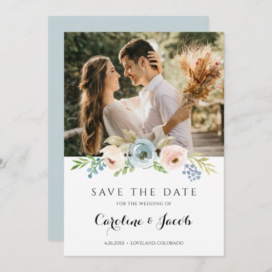 ダスティーブルーとブラッシュピンクのラスティックフラワーウェディングセーブザデート セーブザデート (正面/裏面)