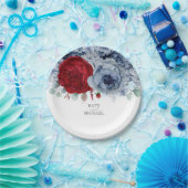 ダスティーブルーとブルゴーニュ赤エレガントフローラ ペーパープレート (パーティー)