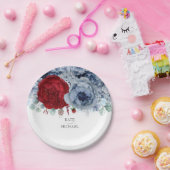 ダスティーブルーとブルゴーニュ赤エレガントフローラ ペーパープレート (パーティー)