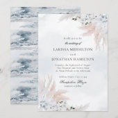 ダスティーブルーとホワイトのフラワー ビーチウェディング 招待状 (正面/裏面)