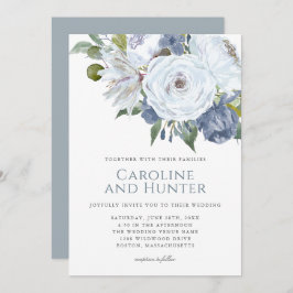 ダスティーブルーとホワイトの水彩花の結婚式 招待状