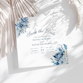 ダスティーブルーとホワイトの花の結婚式のSave the Date セーブザデート