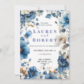ダスティーブルーとホワイトの花柄の結婚式招待状 招待状 (正面)