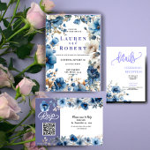 ダスティーブルーとホワイトの花柄の結婚式返信カード 出欠カード