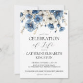 ダスティーブルーとホワイトの花柄追悼招待状 招待状 (正面)