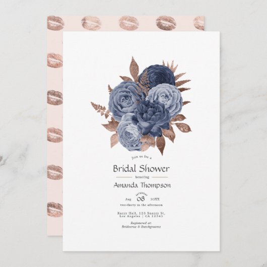 ダスティーブルーとローズゴールドの花のペアシャワー 招待状 (正面/裏面)