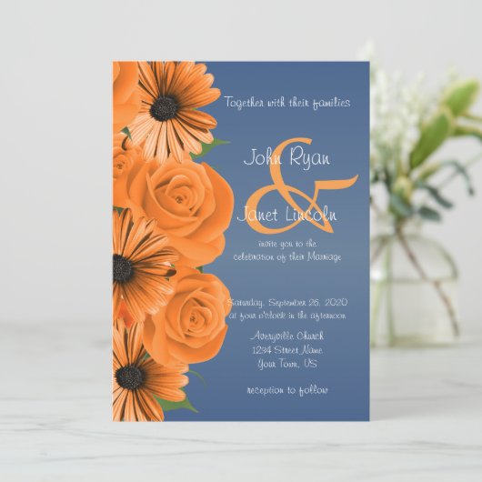 ダスティーブルーにオレンジのバラとデイジー 招待状 (スタンド正面)