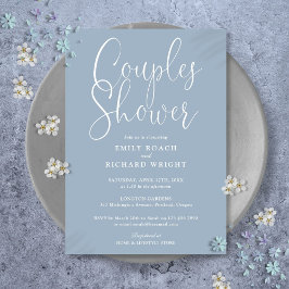 ダスティーブルーのおしゃれなスクリプトのカップル向け結婚前お披露目パーティー 招待状