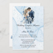 ダスティーブルーのアルコールインクの花のウェディングカップルシャワー 招待状 (正面/裏面)