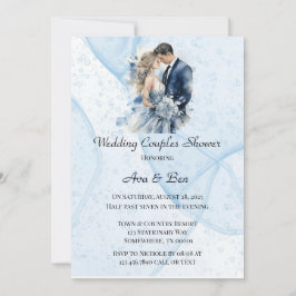 ダスティーブルーのアルコールインクの花のウェディングカップルシャワー 招待状