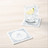 ダスティーブルーのアンティークフレーム エレガントな結婚式のモノグラム スクエアペーパーコースター (インサイチュ)