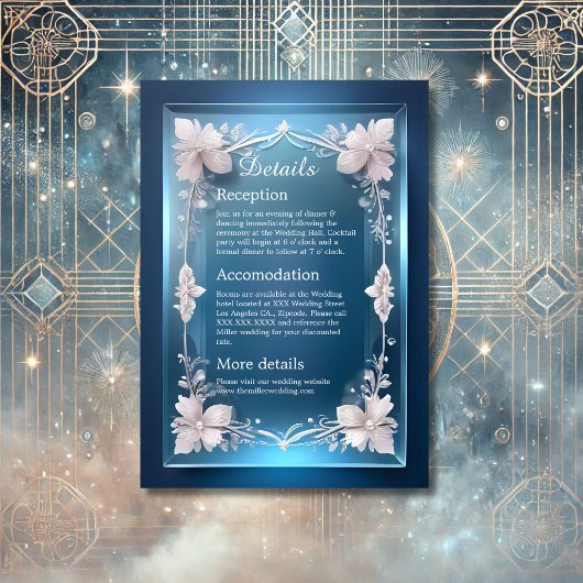 ダスティーブルーのアートデコ調の華麗なフレーム 結婚式 エンクロージャーカード