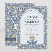 ダスティーブルーのアートヌーボー結婚式招待状（QRコード付き） 招待状 (正面/裏面)