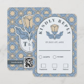 ダスティーブルーのアートヌーボーRSVPカード　食事の選択　QRコード付き 出欠カード (正面/裏面)