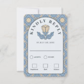 ダスティーブルーのアートヌーボーRSVPカード　食事の選択　QRコード付き 出欠カード (正面)