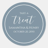 ダスティーブルーのウェディング　シンプル　カリグラフィー　スクリプト　トリート ラウンドシール (正面)
