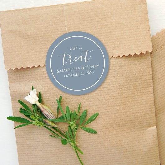 ダスティーブルーのウェディング　シンプル　カリグラフィー　スクリプト　トリート ラウンドシール