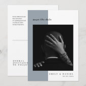 ダスティーブルーのエレガントな写真付き Save the Date 招待状 (正面/裏面)