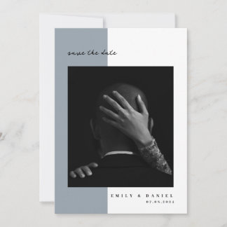 ダスティーブルーのエレガントな写真付き Save the Date 招待状