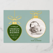 ダスティーブルーのオーナメント ベイビー アナウンスメント ホリデー カード (正面)