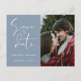 ダスティーブルーのカリグラフィーで「Save the Date」 ウェディングフォト インビテーションポストカード