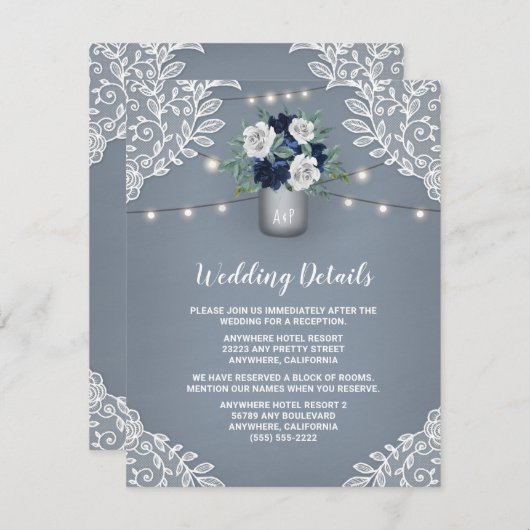 ダスティーブルーのカントリー ホワイトレース メイソンジャー ウェディング エンクロージャーカード (正面/裏面)