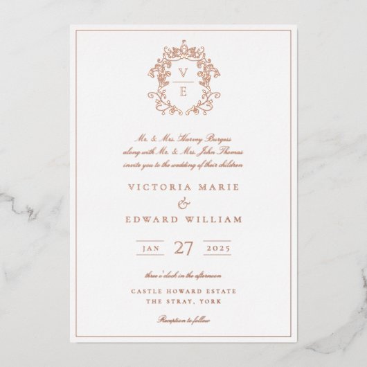 ダスティーブルーのクレストモノグラムウェディング 箔招待状 (正面)