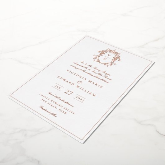 ダスティーブルーのクレストモノグラムウェディング 箔招待状 (回転した状態)