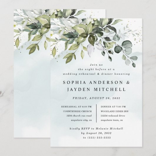 ダスティーブルーのグリーンがかったボヘミアンワッディングリハーサルディナー 招待状 (正面/裏面)