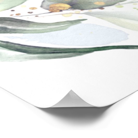 ダスティーブルーのグリーンとゴールドの葉のギフトサイン ポスター (角)