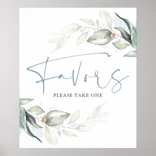 ダスティーブルーのグリーンとゴールドの葉のギフトサイン ポスター (正面)