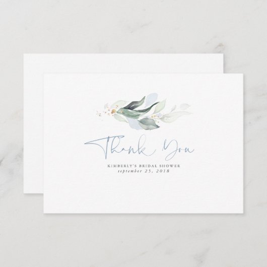 ダスティーブルーのグリーンとゴールドの葉の小さな感謝 サンキューカード (正面/裏面)