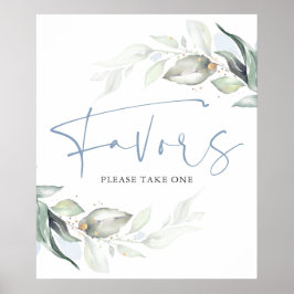 ダスティーブルーのグリーンとゴールドの葉 お土産サイン ポスター