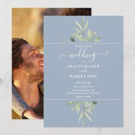 ダスティーブルーのグリーン写真 ゴールドスクリプトウェディング 招待状
