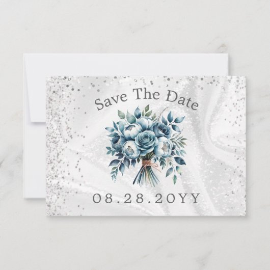 ダスティーブルーのシルバーローズ Save The Date カード (正面)