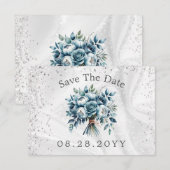 ダスティーブルーのシルバーローズ Save The Date カード (正面/裏面)