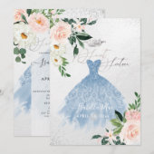 ダスティーブルーのスイート16のフラッシュウォーターカラーの花 招待状 (正面/裏面)