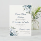 ダスティーブルーのスペイン語の結婚式招待状 招待状 (スタンド正面)