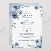 ダスティーブルーのスレート花の植物学的なおしゃれなウェディング 招待状 (正面/裏面)