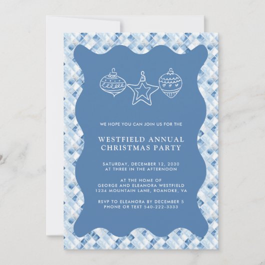 ダスティーブルーのチェック柄クリスマスパーティー 招待状 (正面)