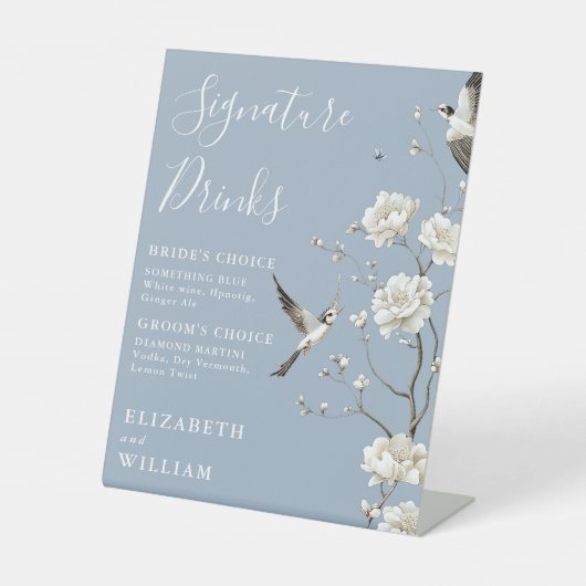 ダスティーブルーのチャイナ風花柄シグネチャードリンク ウェディング 台座サイン (正面)