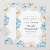 ダスティーブルーのチャページュ アイボリーの芍薬の花のウェディング 招待状 (正面/裏面)