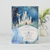 ダスティーブルーのドレスと森のシルバー城のキンセアニェラ 招待状 (スタンド正面)