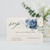 ダスティーブルーのネイビーシャンパンアイボリーフローラルウェディングRSVP 出欠カード (スタンド正面)