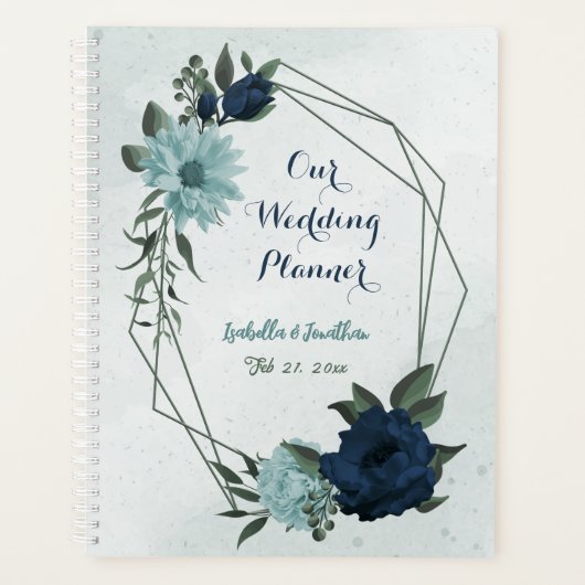 ダスティーブルーのネイビー花の植物の結婚式 プランナー手帳 (正面)