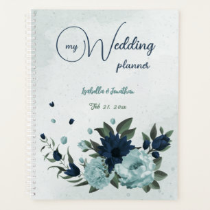 ダスティーブルーのネイビー花の植物の結婚式 プランナー手帳