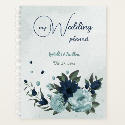 ダスティーブルーのネイビー花の植物の結婚式 プランナー手帳 (正面)