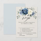 ダスティーブルーのネイビー チャンピエンスパークリング アイボリー フローラル ウェディング RSV 出欠カード (正面/裏面)